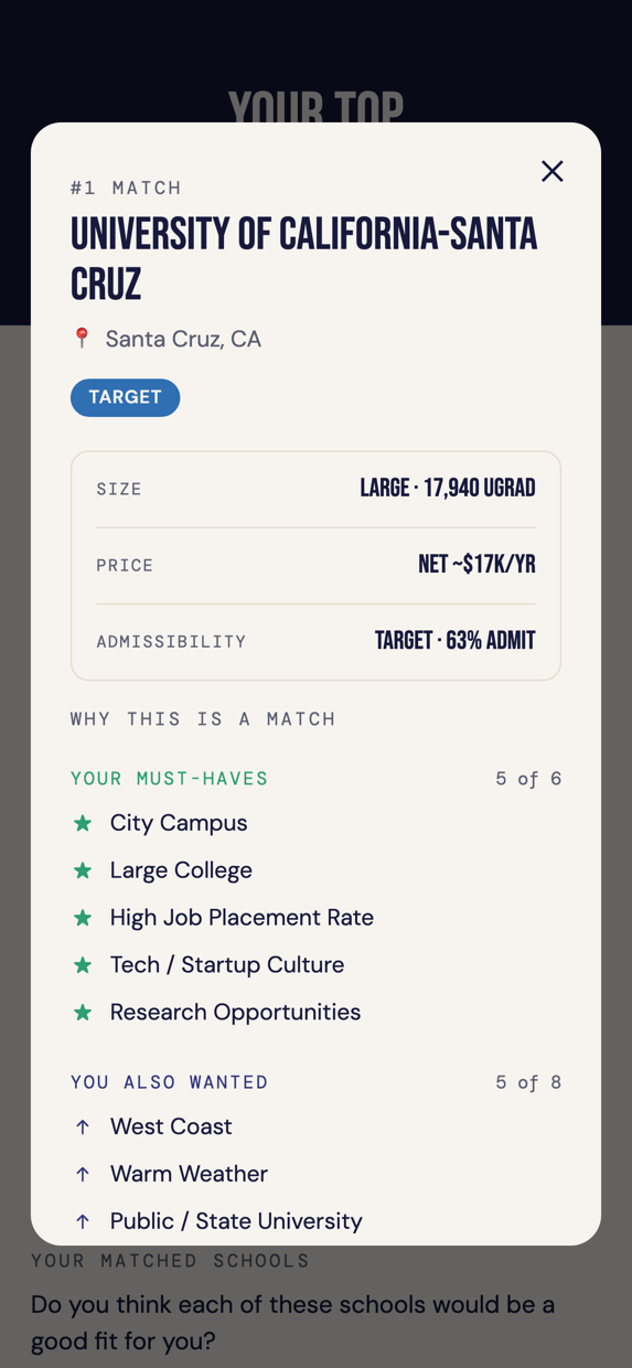 next4 showing why a school matched, listing the student's own must-haves