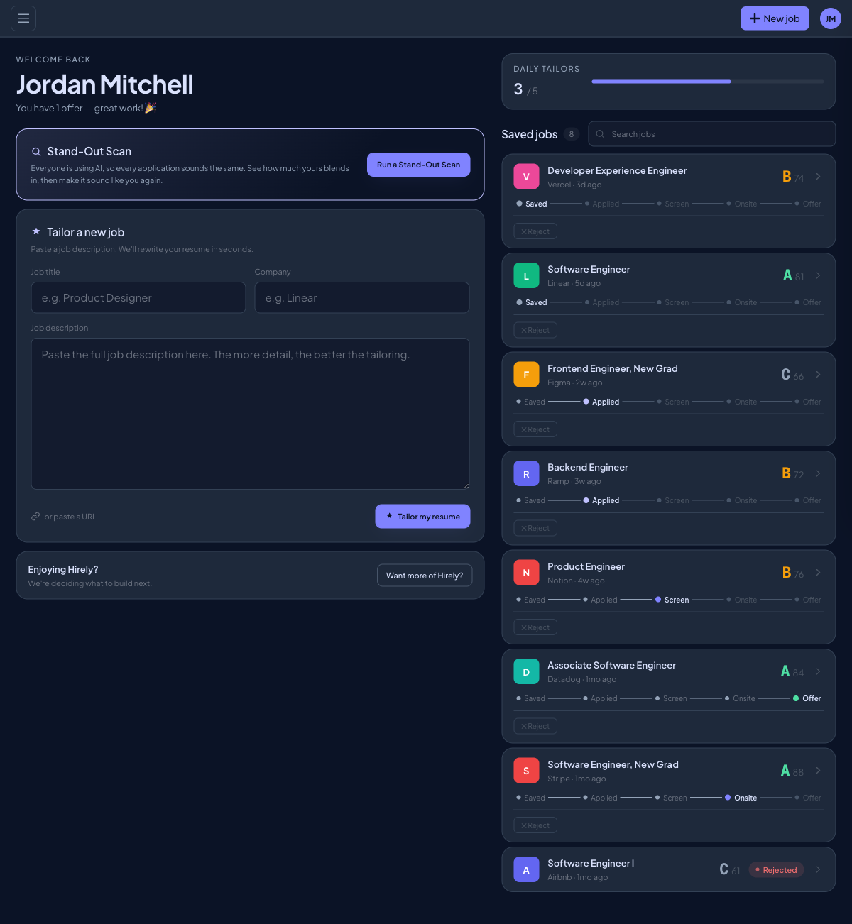 Hirely dashboard with job pipeline and Stand-Out Scan