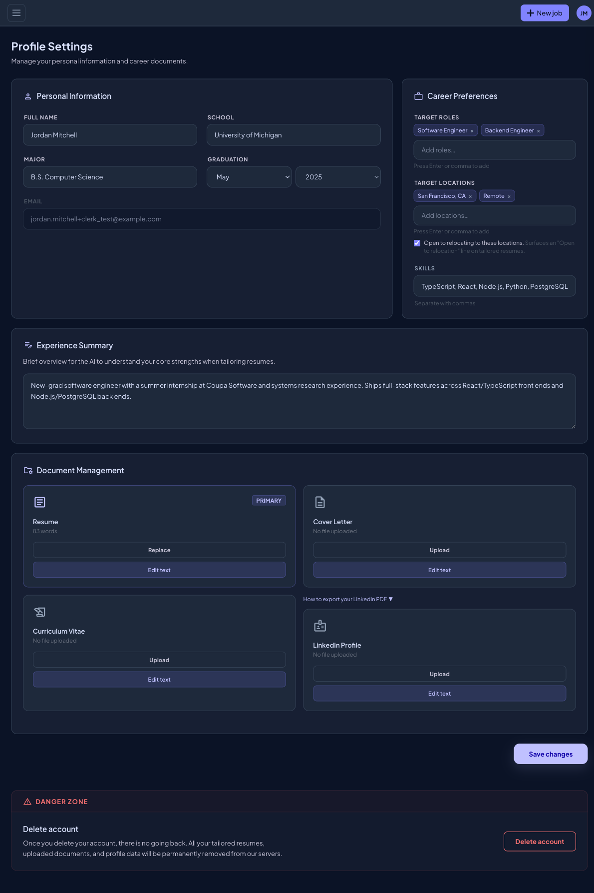 Profile and document management settings